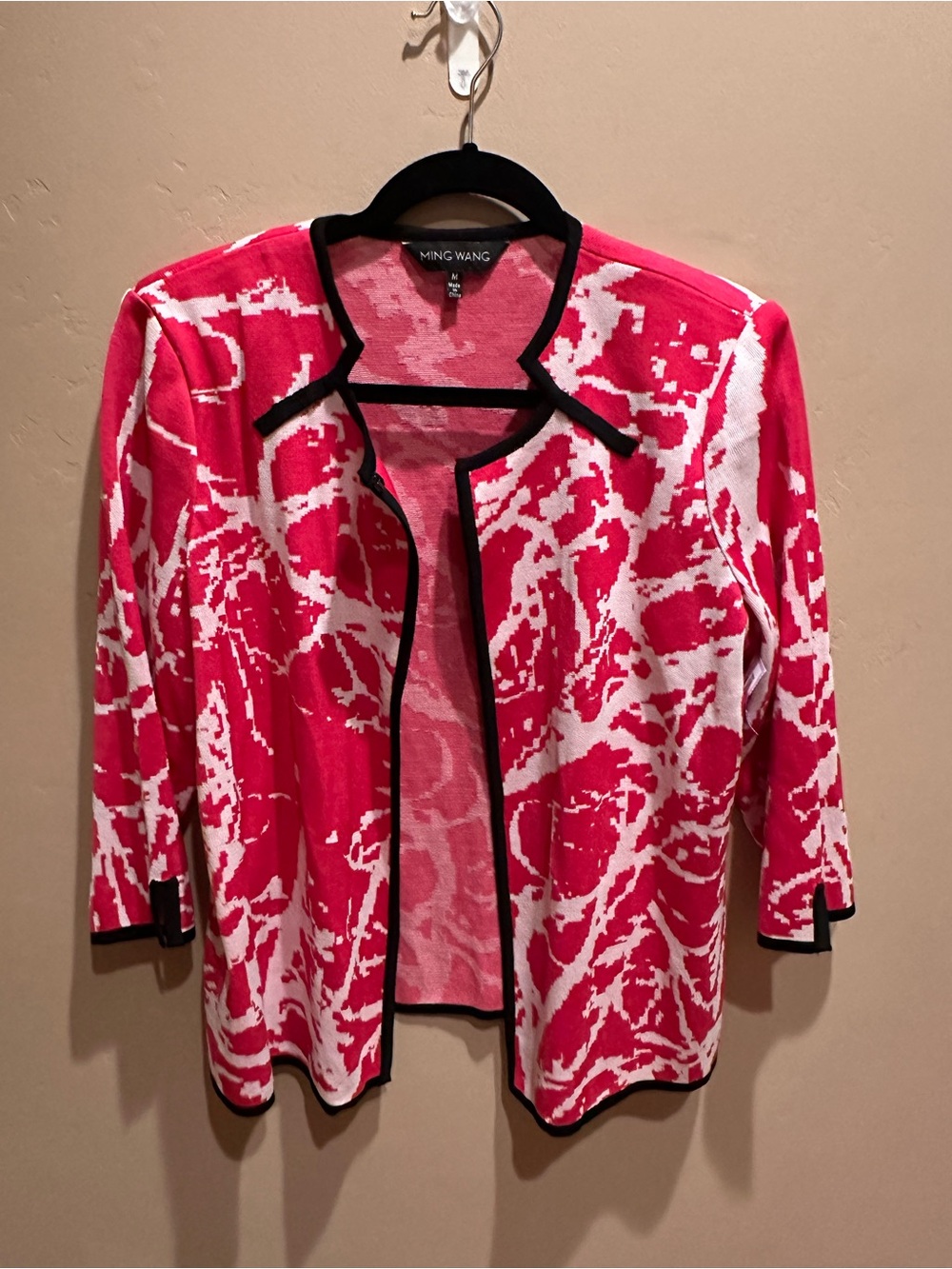Ming Wang Pink Abstract Knit Career Jacket Blazer Black Trim Medium M NWT